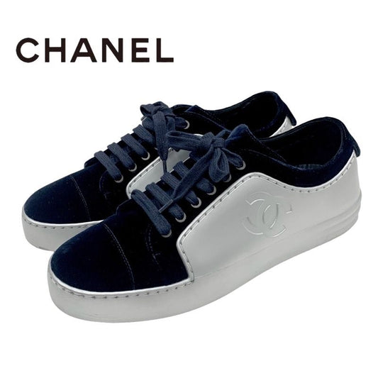 Chanel Sneakers Shoes Velor Leather Silver Navy Here Mark
