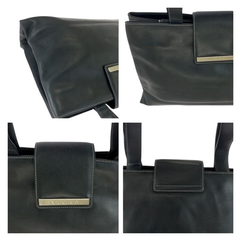 Bvlgari Logo Plate Black Silver Hardware Leather Tote Bag Shoulder Bag Women