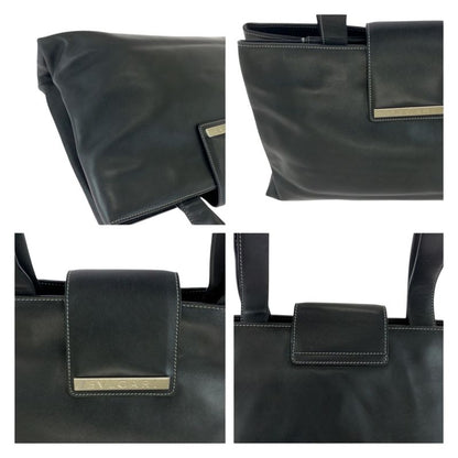 Bvlgari Logo Plate Black Silver Hardware Leather Tote Bag Shoulder Bag Women