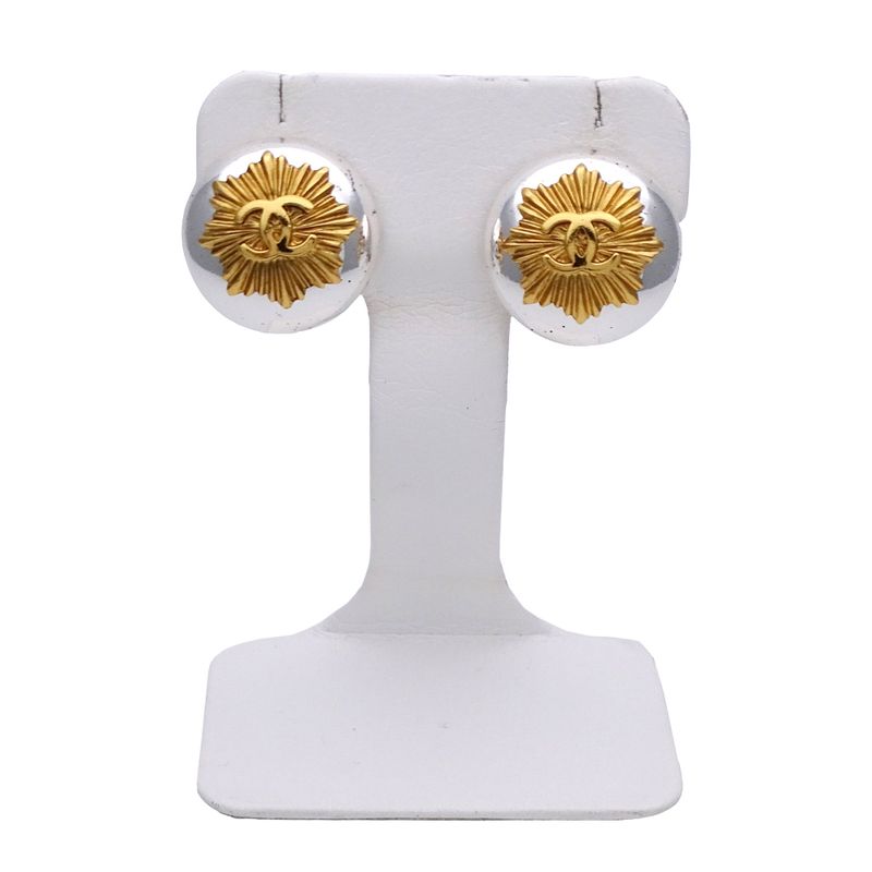 Chanel Earrings Ladies Brand Coco Mark Metal GP Silver Gold Round Vintage