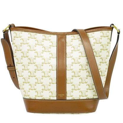Authentic Celine Triomphe Small Bucket Shoulder Bag Pochette PVC White Brown