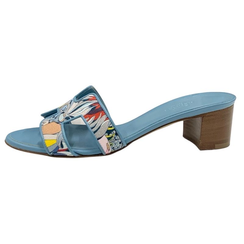 Hermes Oasis Sandals Shoes Canvas Leather Light Blue Multicolor Mule Pattern