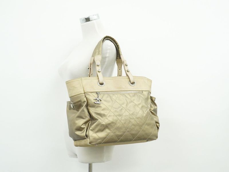 Authentic Chanel Coco Mark Paris Biarritz GM Tote Handbag Coated Canvas Gold