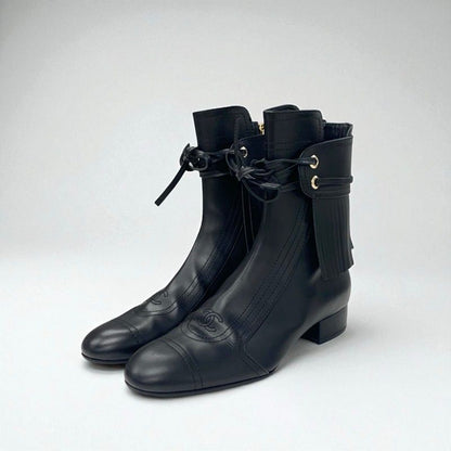 Chanel Boots Short Boots Shoes Leather Black Here Mark Fringe
