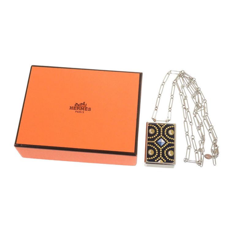 Hermes Boite A Rêve Pendant Accessory Case Metal Silver Navy Necklace 1421