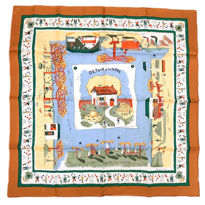Color Hermes Carre 90 RE TOUR A LA Terre Homeward Silk Scarf Brown
