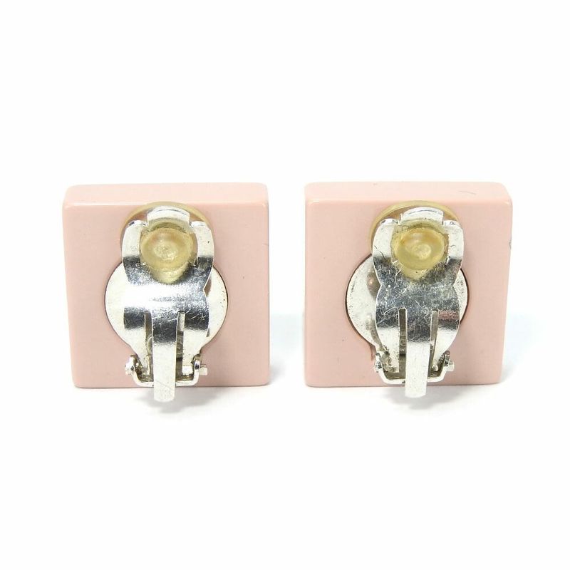 Chanel Earring Square Coco Mark Heart Rhinestone Pink Silver Plated 04A