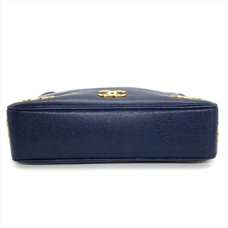 Chanel Triple Coco Mark Tote Bag Caviar Skin Navy Chain Shoulder Women