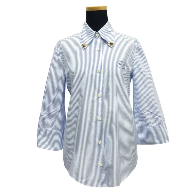 24ss Prada Button Down Shirt Blouse Cut and Sewn Gold Button Logo Embroidery