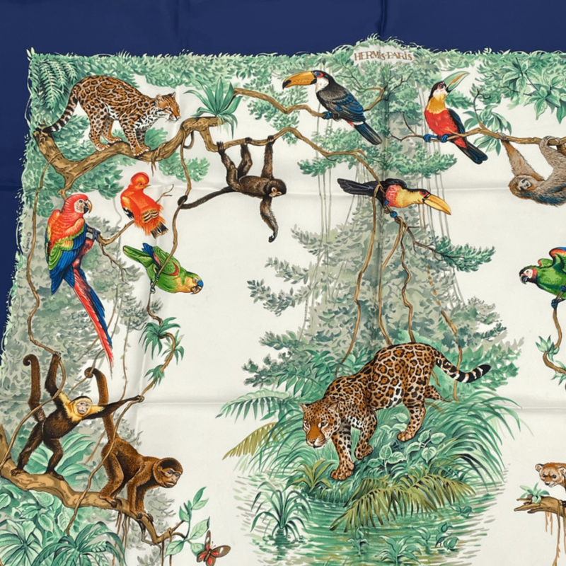 Hermes Scarf Carre 90 Equateur Equatorial Animals Birds All Over Silk Blue
