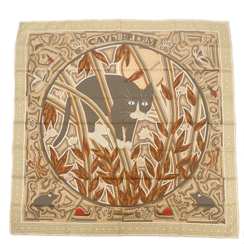 Hermes Carre 90 CAVE Felem Note The Cat Beige Scarf 100% Silk