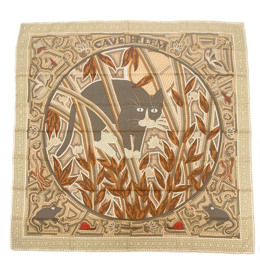 Hermes Carre 90 CAVE Felem Note The Cat Beige Scarf 100% Silk