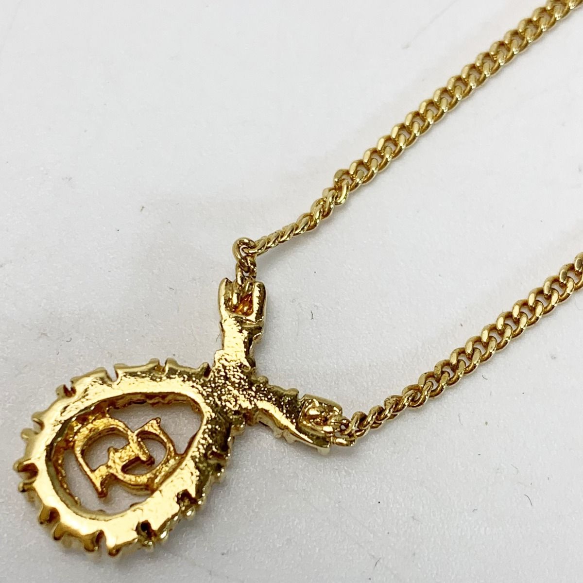 Christian Dior CD Logo GP Plated Rhinestone Gold Necklace Ladies