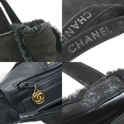 Chanel Handbag Logo Fur Bag Black Leather 34ka824