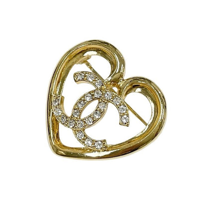 Chanel Brooch Corsage Gold Heart Here Mark Rhinestone