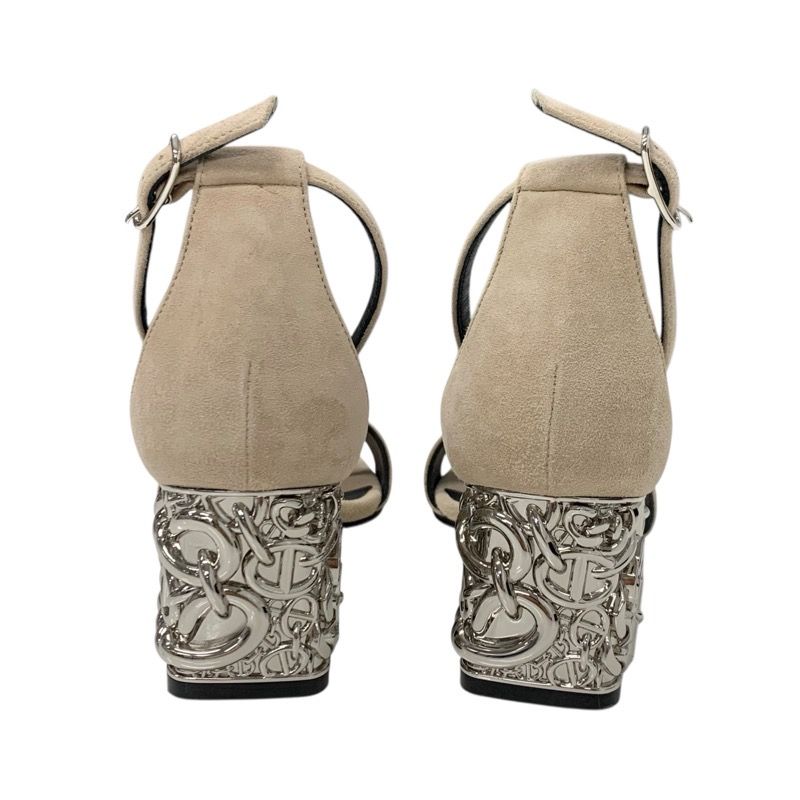 Hermes Gram 60 Sandals Shoes Suede Beige Silver Chaine D'ancre Metal Heel Strap