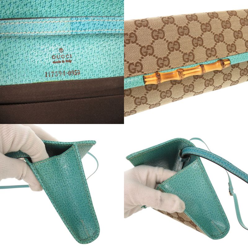 Gucci Bamboo 117594 GG Canvas Blue Beige Shoulder Bag 0447 Gucci