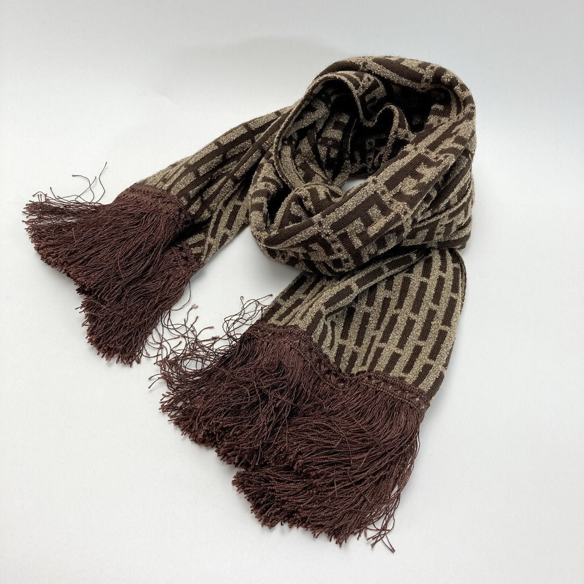 Fendi Zucca Pattern Fringe Muffler Brown Wool Stole