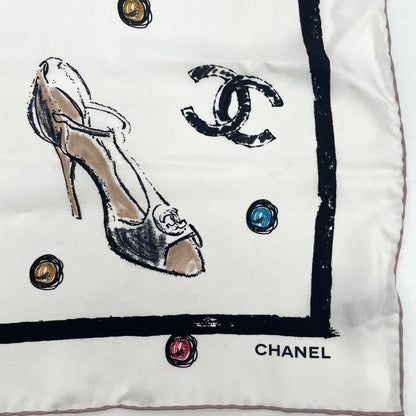 Chanel Icon Motif Scarf Coco Mark Silk White With Box
