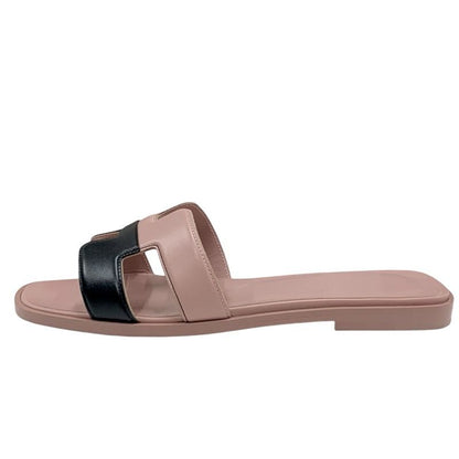Hermes Oran Sandals Shoes Leather Pink Black Flat Sandals Mules