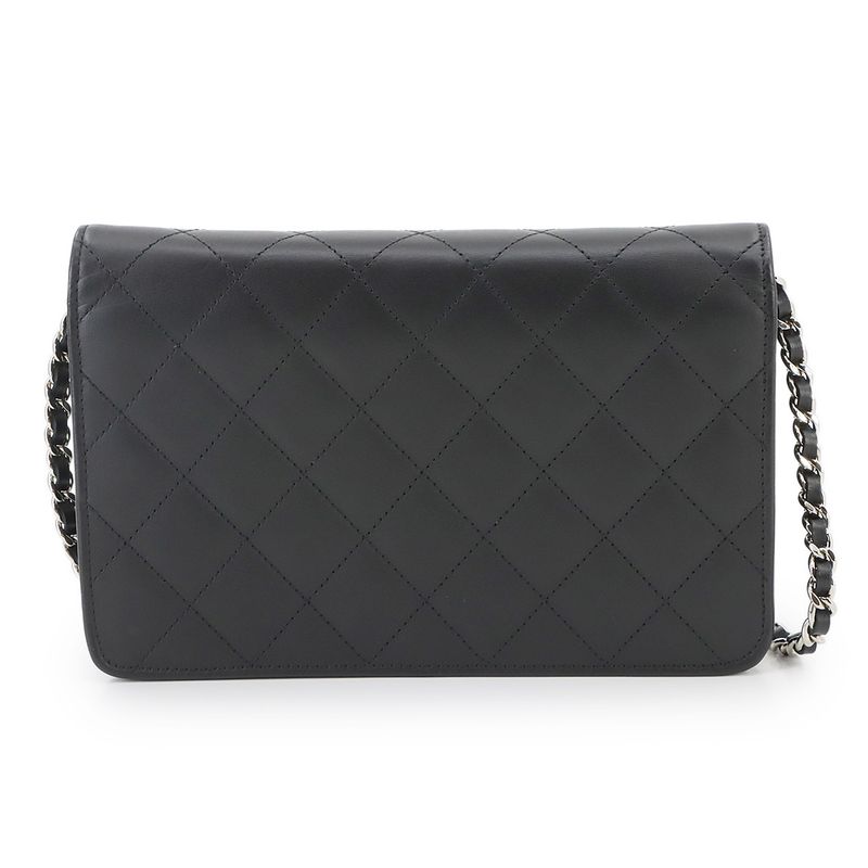 Chanel Cambon Line Chain Wallet Foldable Long Wallet Leather Enamel Black