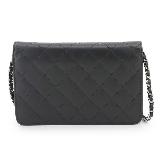 Chanel Cambon Line Chain Wallet Foldable Long Wallet Leather Enamel Black