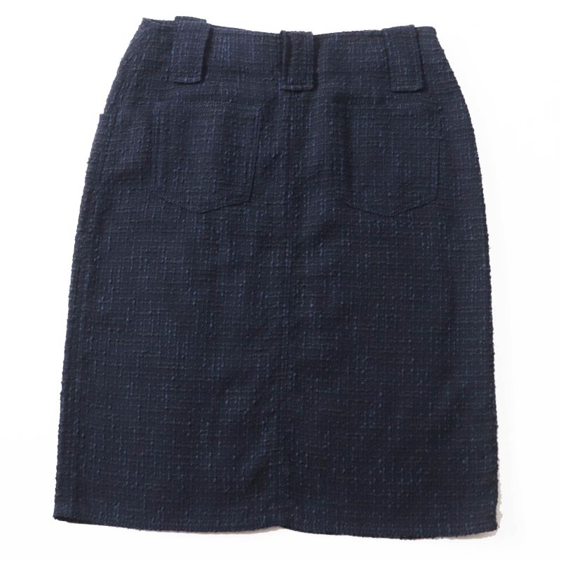CHANEL 01P P17613 Wool Cotton Logo Plate Knee Length Tweed Skirt Navy Black 40