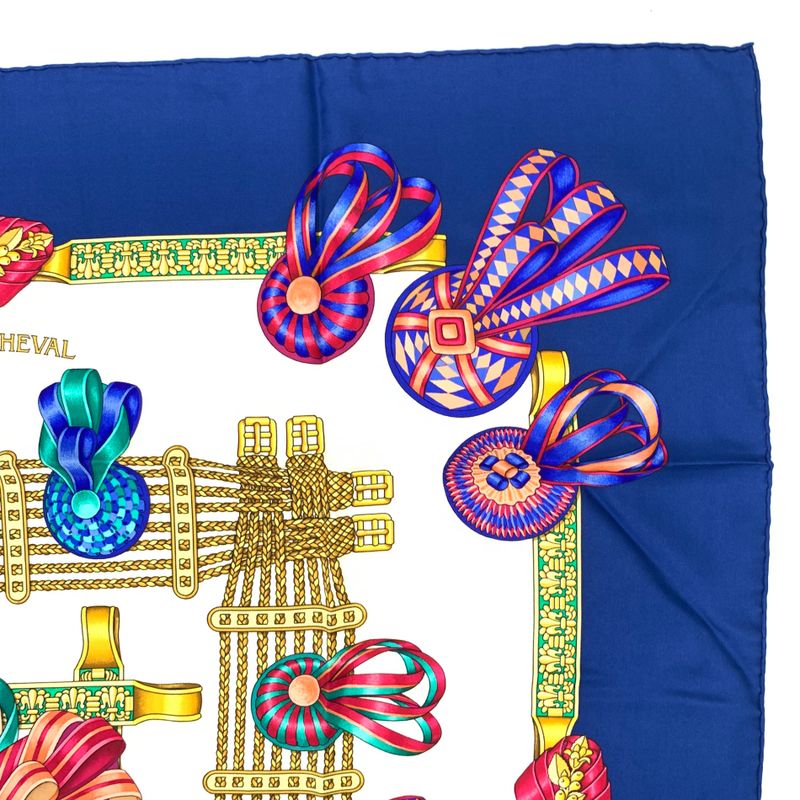Hermes Carre 90 Lesrubansducheval Horse Ribbon Scarf Blue And Multicolor 100%