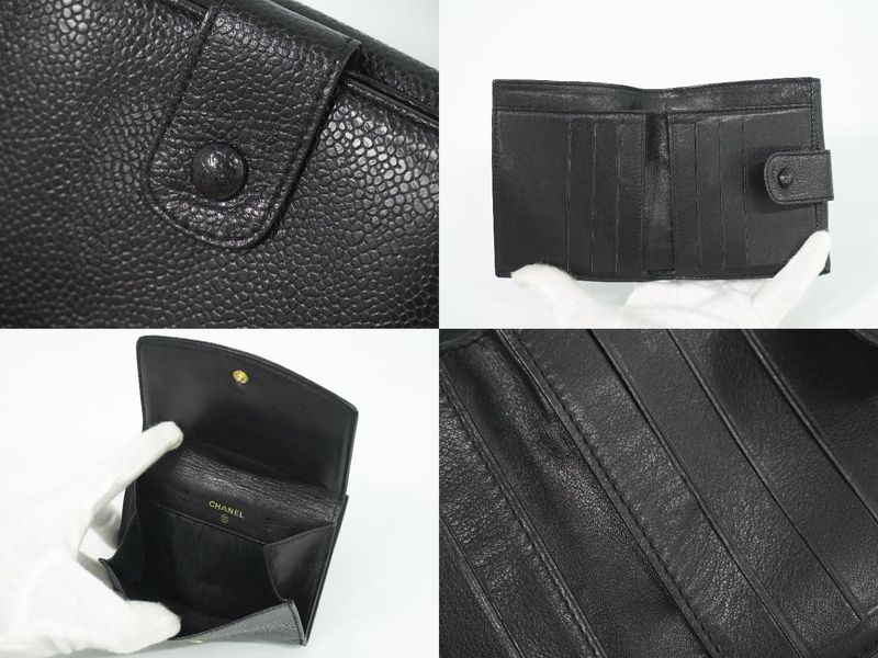 Authentic Chanel Coco Mark Fold Wallet Compact Wallet Caviar Skin Leather Black