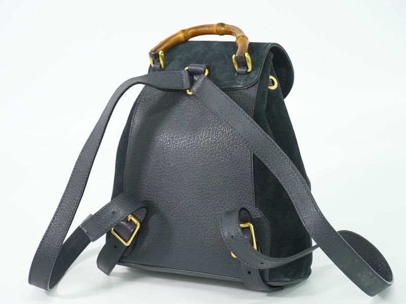 Authentic Gucci Bamboo Backpack Sac Backpack Suede Leather Navy Bamboo Bag