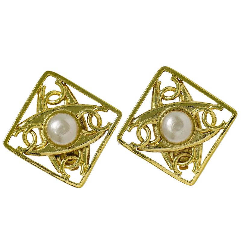 Authentic Chanel Coco Mark Faux Pearl Earrings GP Gold Plated White Coco Mark