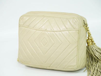 Authentic Chanel Coco Mark Tassel Shoulder Bag Pochette Lambskin Leather Beige