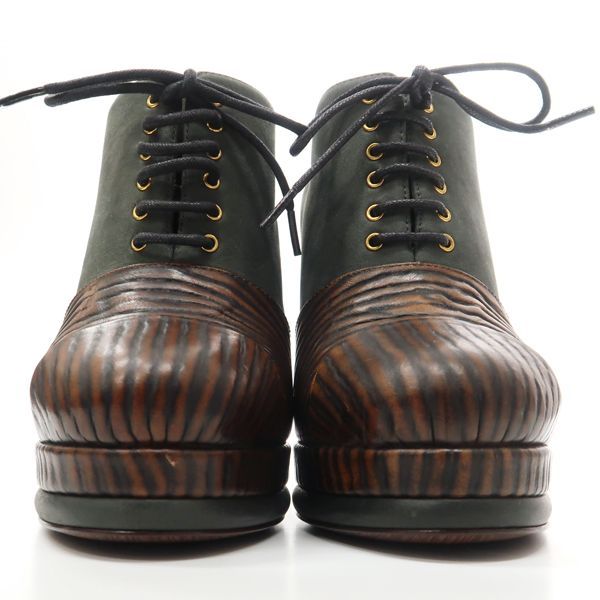 Chanel Booties Chunky Heel 14A G30128 C7257 Lace-up #36 Leather Wood-like