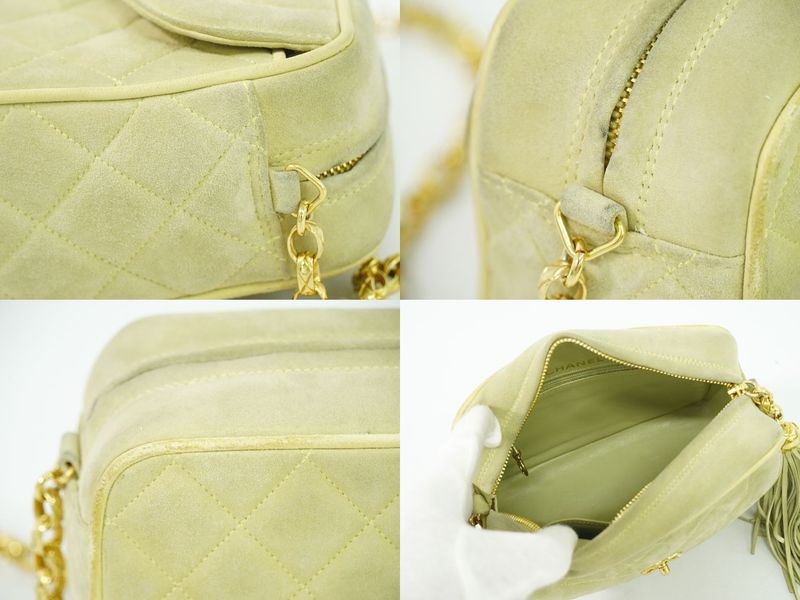 Authentic Chanel Coco Mark Tassel Shoulder Bag Pochette Suede Leather Light