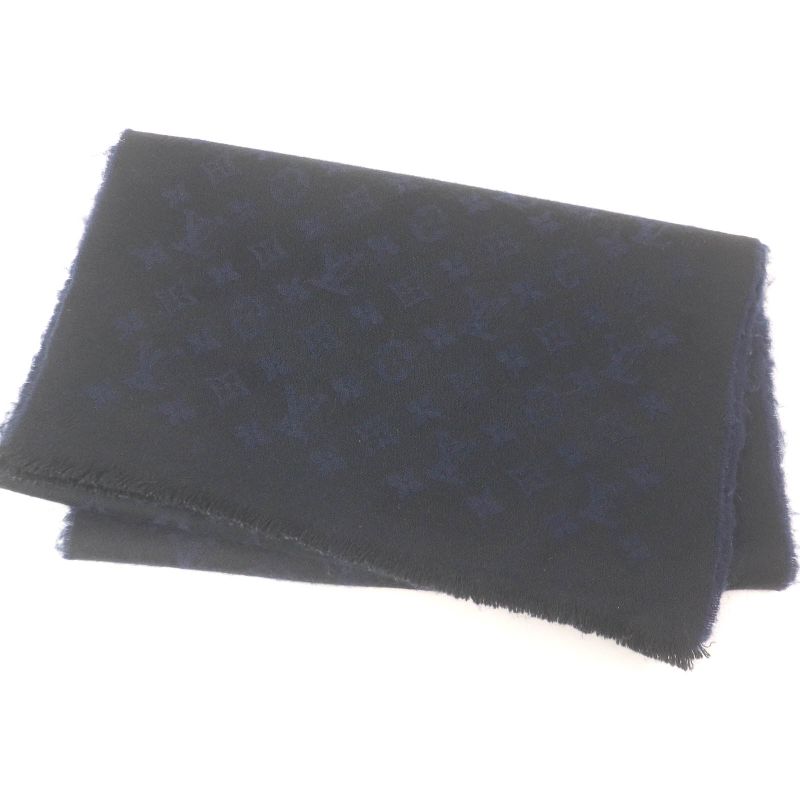 Louis Vuitton M71615 100% Cashmere Monogram Allover Fringe Scarf Black Navy