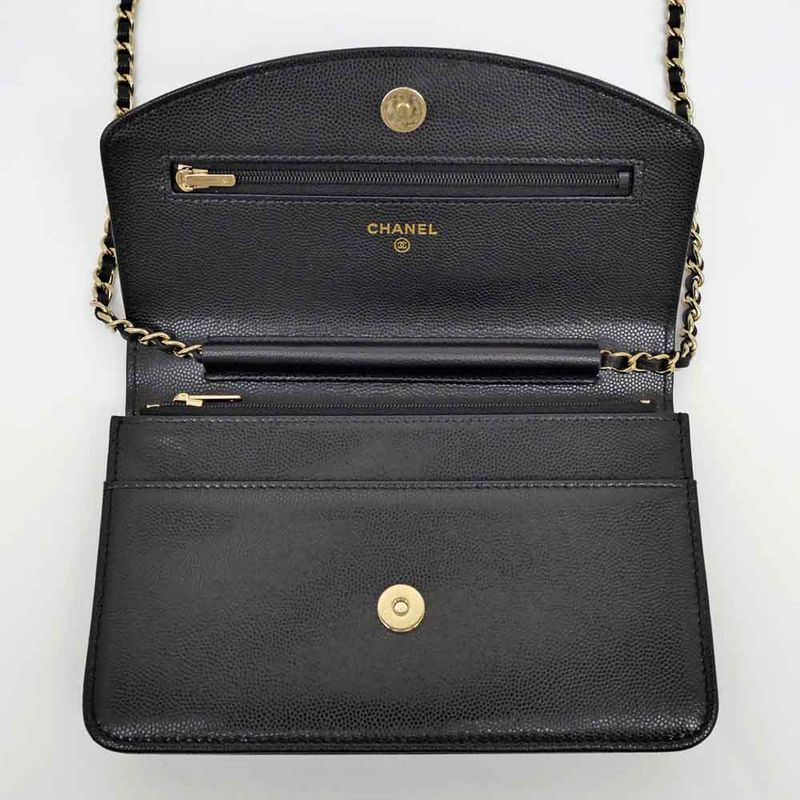 Chanel Chain Wallet Ap4653 Grained Shiny Calfskin Black Gold Hardware