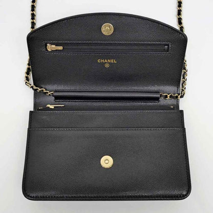 Chanel Chain Wallet Ap4653 Grained Shiny Calfskin Black Gold Hardware