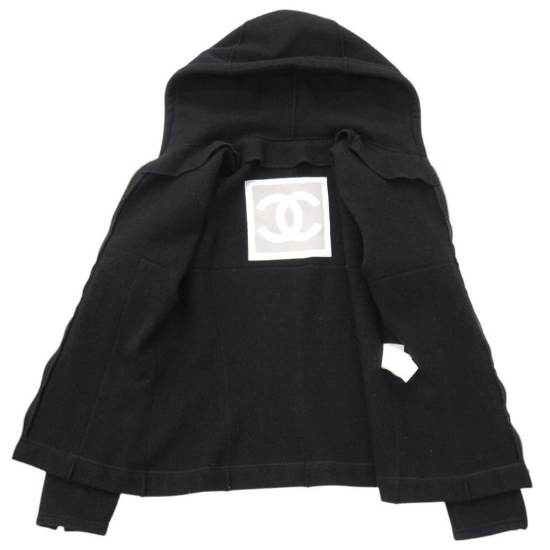 Chanel Sport Line Zip Up Coco Mark P21951 Size 38 Wool Black Hoodie Black 1017