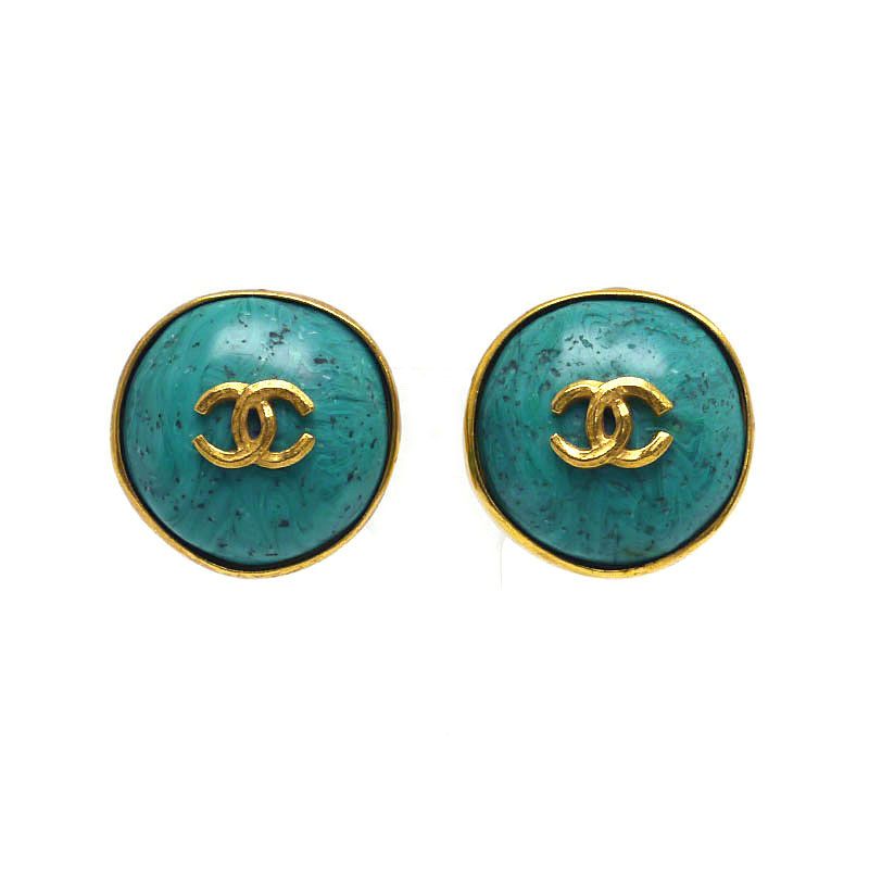 Chanel Earring Coco Mark Greenish Green And Gold 98P