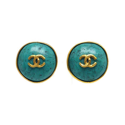 Chanel Earring Coco Mark Greenish Green And Gold 98P