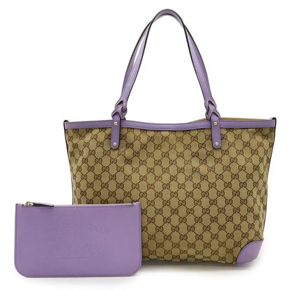Gucci GG Canvas Tote Bag Shoulder Bag Semi Shoulder Leather Khaki Beige Purple