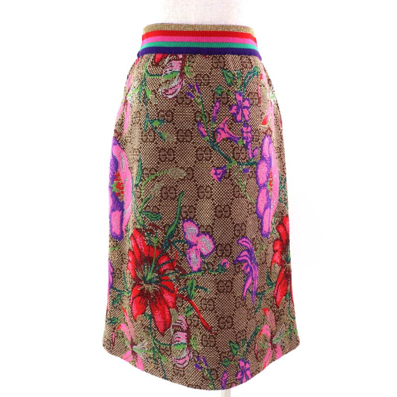 Gucci 606084 Wool Cotton GG Floral Design Lamé Yarn Knit Tight Skirt Multicolor