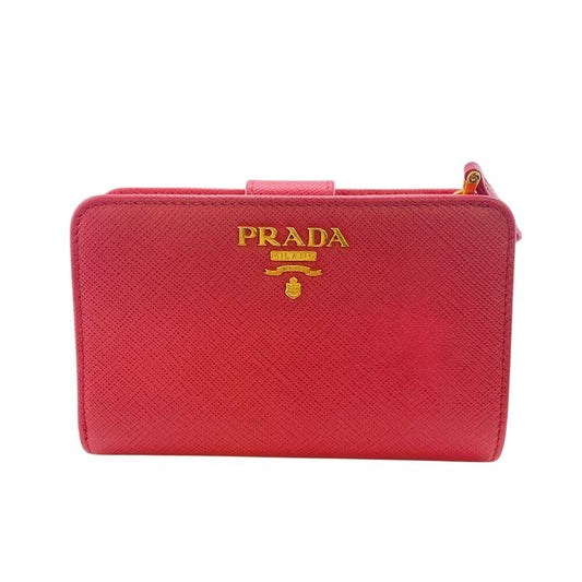 Prada 1ml018 Saffiano Bifold Wallet Branded Coin Purse Bill Pink Ladies