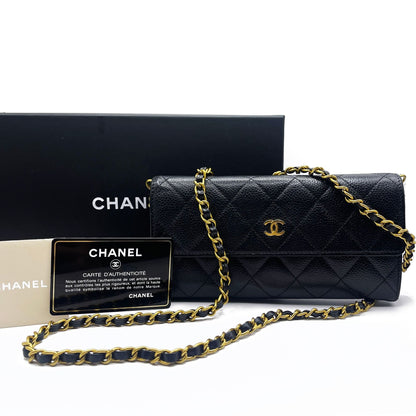 CHANEL CC Classic Caviar Flap Wallet on Chain Quilted Leather Chain Purse Black