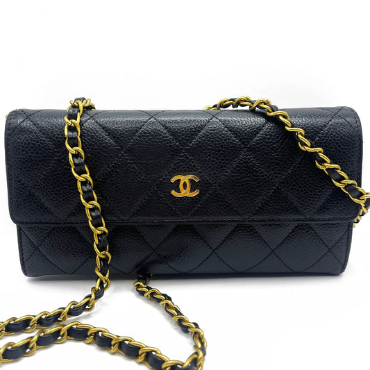 CHANEL CC Classic Caviar Flap Wallet on Chain Quilted Leather Chain Purse Black