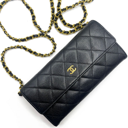 CHANEL CC Classic Caviar Flap Wallet on Chain Quilted Leather Chain Purse Black