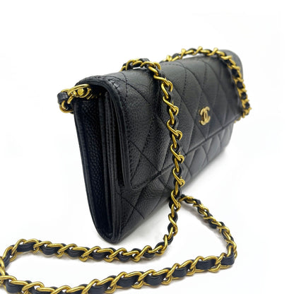 CHANEL CC Classic Caviar Flap Wallet on Chain Quilted Leather Chain Purse Black