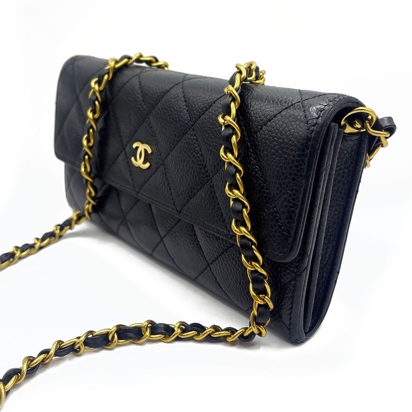 CHANEL CC Classic Caviar Flap Wallet on Chain Quilted Leather Chain Purse Black