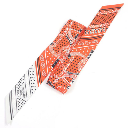 Hermes H062978s Twilly 100% Silk Apron D'or Bandana Scarf Vermilion/gri Pe Lou