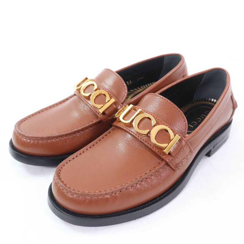 Gucci 700036 Logo Metal Leather Loafer Brown Gold Hardware 35 With Box And
